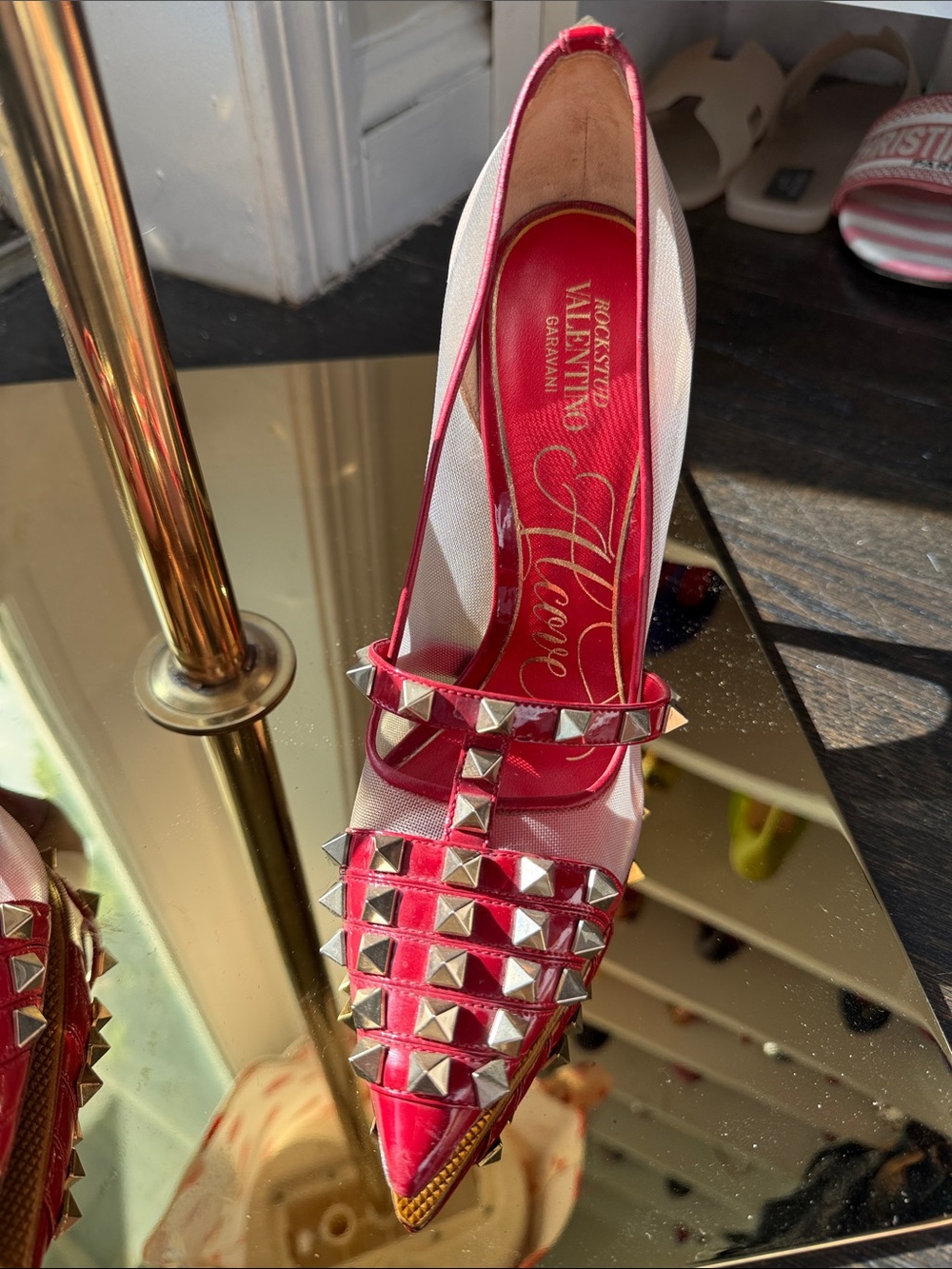 Valentino Garavani red and Gold Studded Pointed-Toe Flats - Picture 3 of 13